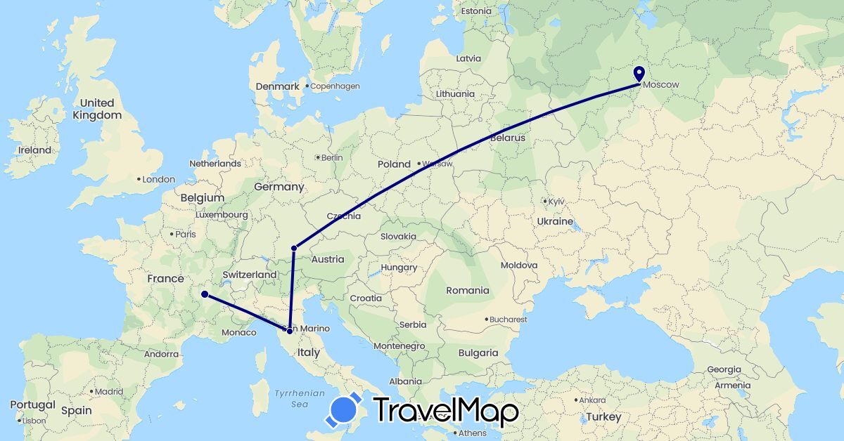 TravelMap itinerary: driving in Germany, France, Italy, Russia (Europe)